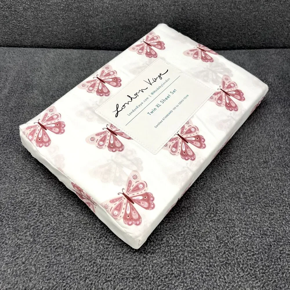 London Kaye TWIN XL Sheet Set White Pink Butterfly 4pc‎